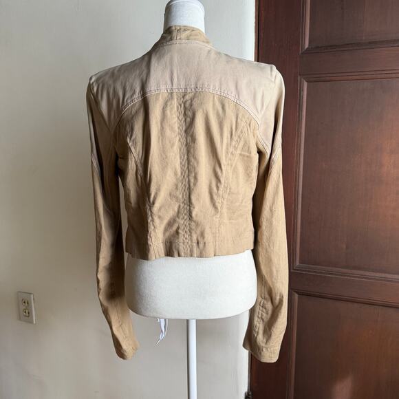 TWINSET by Simona Barbieri | Tan Linen and Vegan Leather Moto Light Jacket Large - Picture 3 of 10